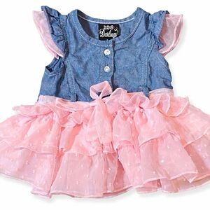 DDG Darlings Baby Girl Denim & Pink Tulle Ruffle Dress Size 12M Boutique